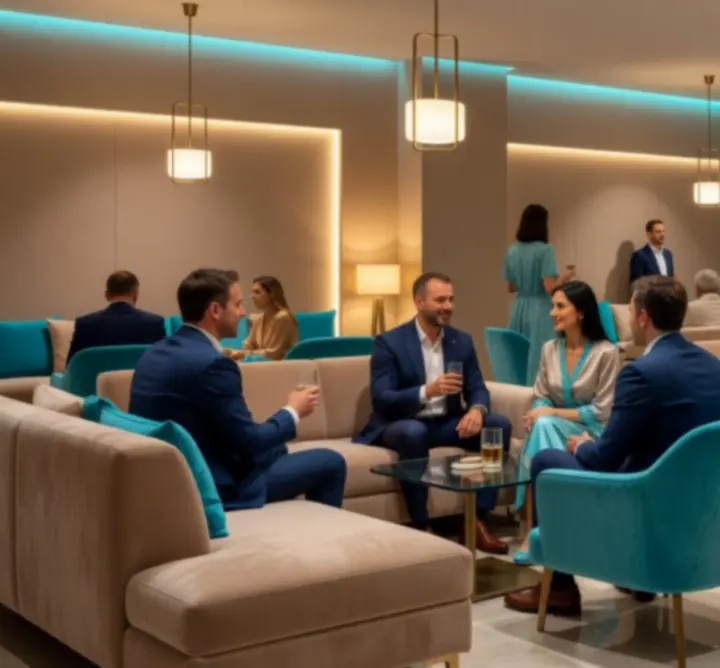 Stylová společenská lounge zóna s pohodlným sezením a tlumeným nasvícením.