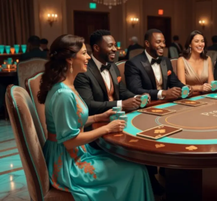 Moderní pokerový tematický stůl s kartami, žetony a hosty v elegantním prostředí.